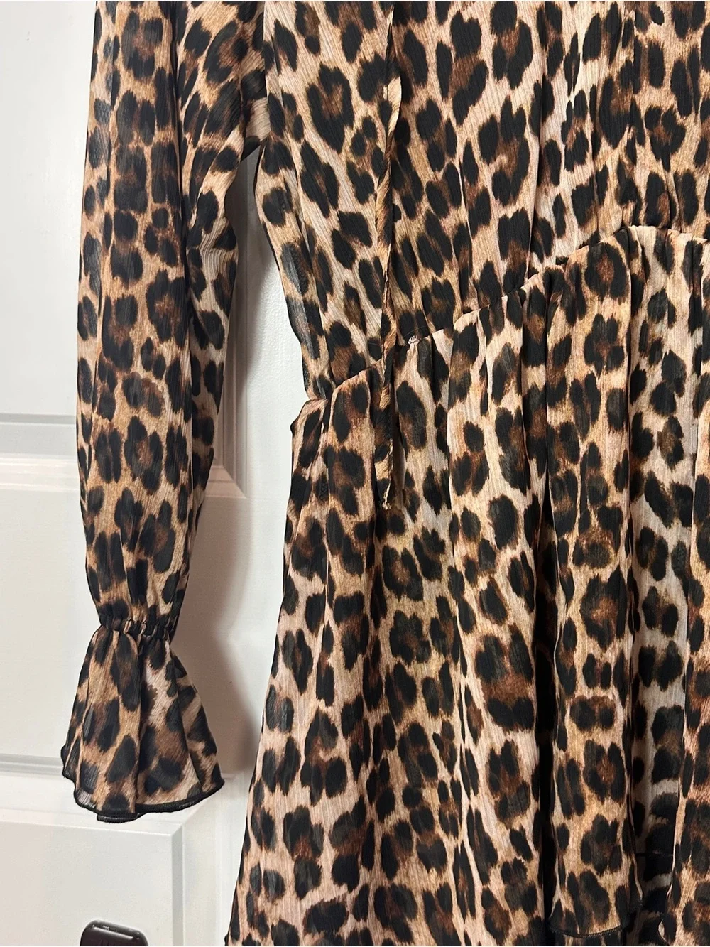 MNG Leopard Print Ruffled Long Sleeve Dress - Brown/Tan/Black - Picture 4 of 12
